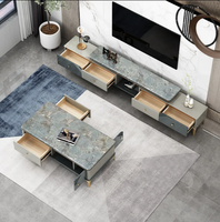 Ensemble de meubles de salon, design luxueux, meuble TV moderne, table basse, support en acier inoxydable doré, armoire en bois