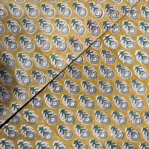 Tissu en coton pur imprimé à la main avec motif floral artisanal jaune moutarde et vert sauge, motif cyprès, imprimé au bloc artisanal - Product Image 2