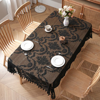 Nappe de salle à manger vintage en dentelle noire florale romantique française, glands, rectangulaire, tissé, lavable, usage domestique pour le café.