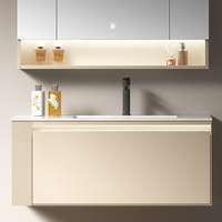 Ensemble de meubles de salle de bain moderne avec meuble sous-vasque simple doré, système de rangement mural et étagère ouverte éclairée