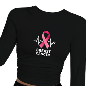 Camiseta de manga larga estilo Y2K para mujer con estampado de lazo rosa de concienciación sobre el cáncer de mama, top de punto de poliéster y elastano con cuello redondo, A - Product Image 1