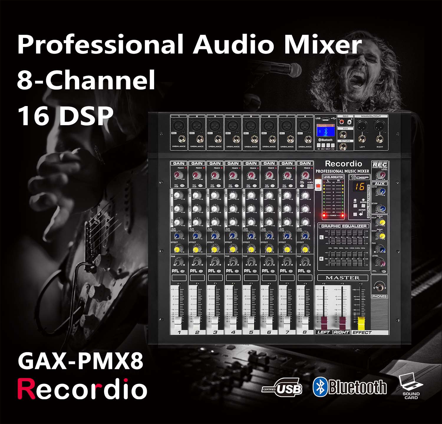 GAX-PMX8 500W Power Mixer with 48V Phantom Power & USB Audio