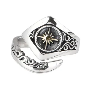 Real Silver Jewelry S925 Sterling Silver Ring Hip Hop Personalized Gold Star Adjustable Ring for Men