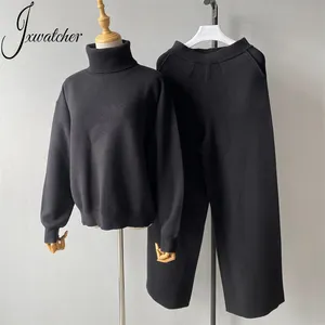 Grosir elegan Turtleneck Pullover rajutan celana kaki lebar 2 buah pakaian musim gugur wol rajutan kustom musim dingin wanita Set Sweater