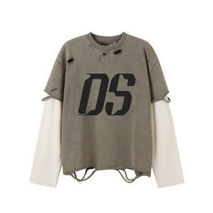 高級100％コットン長袖ワッフルサーマルシャツ、ダメージ加工、ゆったりとした全体的なフィット感、ヘビーウェイトフレンチテリージャージー - Product Image 1