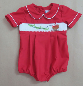 Santa Sleigh Reindeer Smocked Kids <b>Dress</b> Romper <b>Red</b> Christmas Holiday Collection Hand Embroidered Party Outfit - Product Image 5