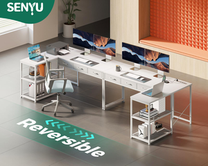 Bureau d'ordinateur moderne en forme de L blanc avec tiroirs et étagères de rangement, table d'écriture en métal pour espace de travail à domicile - Product Image 5