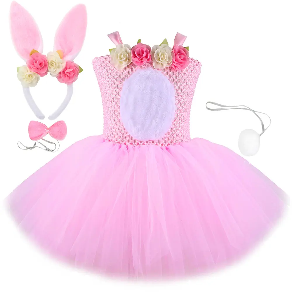 Easter Bunny Dress Pink Children'S Dress Flower Mesh Tutu Skirts For Girls Kids