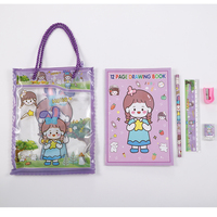 Útiles Escolares Kawaii, Juego de Papelería Portátil con Diseño de Dibujos Animados, Cuaderno, Sacapuntas, Borrador, Multicolor (Azul, Verde, Rosa, Morado)