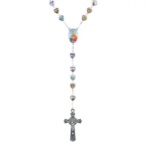 Collana con croce di santi cattolici collana con cuore in metallo vergine maria <span class=keywords><strong>rosario</strong></span> in acciaio inossidabile <span class=keywords><strong>argento</strong></span> - Product Image 1