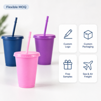 Gobelet réutilisable en plastique PP de qualité alimentaire sans BPA de 16 oz, couleur unie mate, bouteille d'eau portable de 500 ml avec couvercle et paille
