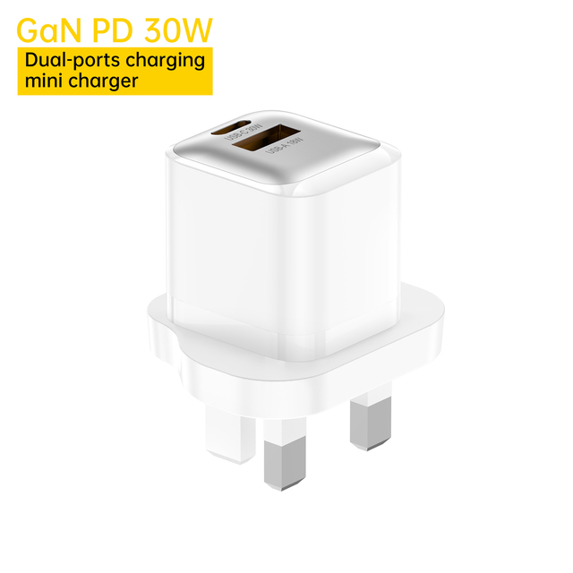 Aspor 30W GaN UK Plug Travel Charger Compact Dual Port USB-C USB-A Fast Charging Adapter Worldwide Voltage A870