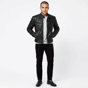 <b>Men's</b> Stylish Cow Skin <b>Leather</b> <b>Jacket</b> Comfortable Canvas Top High Street Fashion Stand Collar Winter OEM <b>jacket</b> for <b>men</b> - Product Image 1