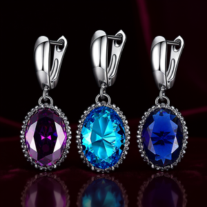 Boucles d'oreilles pendantes élégantes en argent 925 avec serti de strass en cristal ovale, style classique pour femmes, couleur bleu saphir - Product Image 2