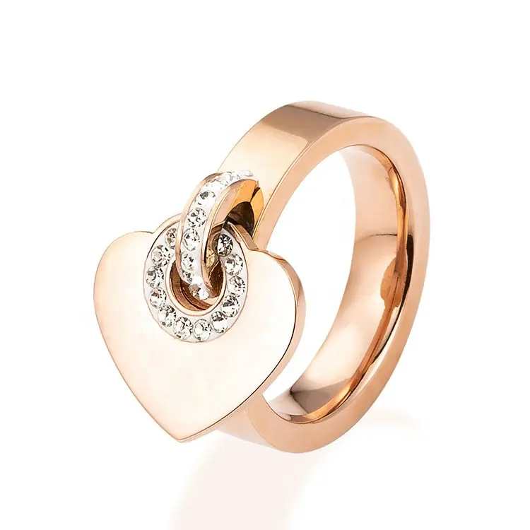 Stainless Steel Jewelry Fashion Latest Designs Rose Gold Plated Cz Heart Charm Rings For Women