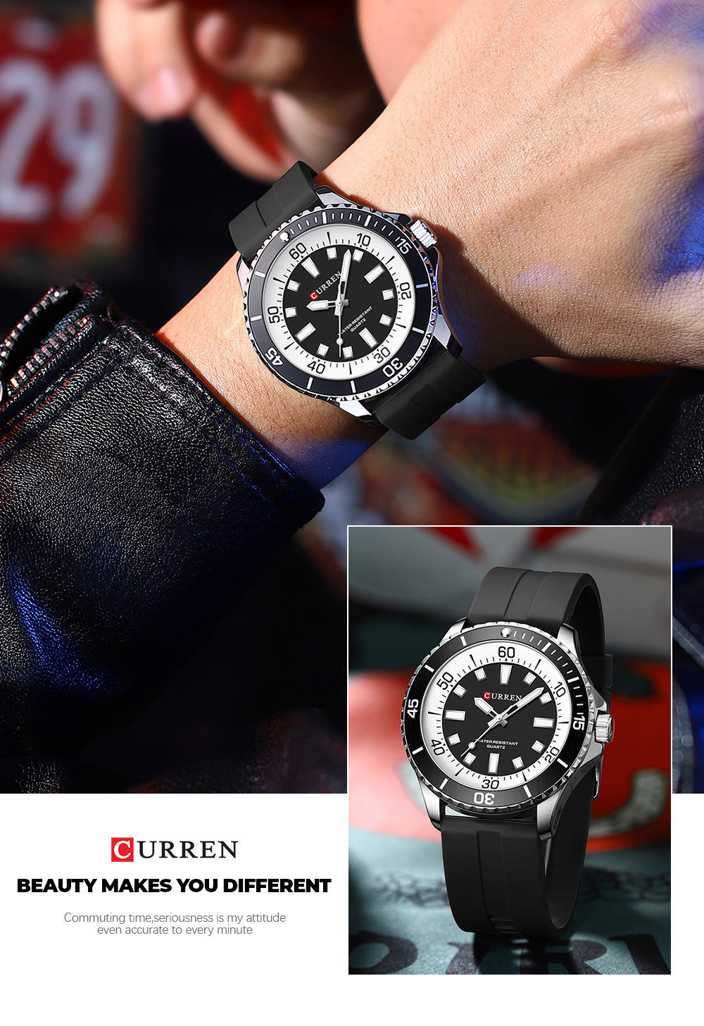 CURREN 8448 Wasserdichte Dünne Schlichte Herren-Businessuhr mit  Leuchtzeigern Quarzwerk Silikonarmband Modische Sportuhr