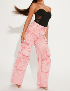 Moda mujer rosa suelto Ajuste de cintura alta pantalones <span class=keywords><strong>Cargo</strong></span> OEM logotipo personalizado Multi <span class=keywords><strong>Cargo</strong></span> bolsillos Denim <span class=keywords><strong>Jeans</strong></span> - Product Image 6
