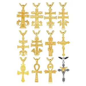 925 Sterling Silver 18K Gold Plated Jewellery Jesus Religious Jewelry Caravaca Double Cross Pendant Necklace For Men Or Women