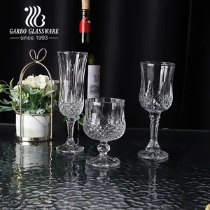 批发压花透明复古玻璃雕刻威士忌红酒酒壶足杯餐桌用玻璃饮料杯
