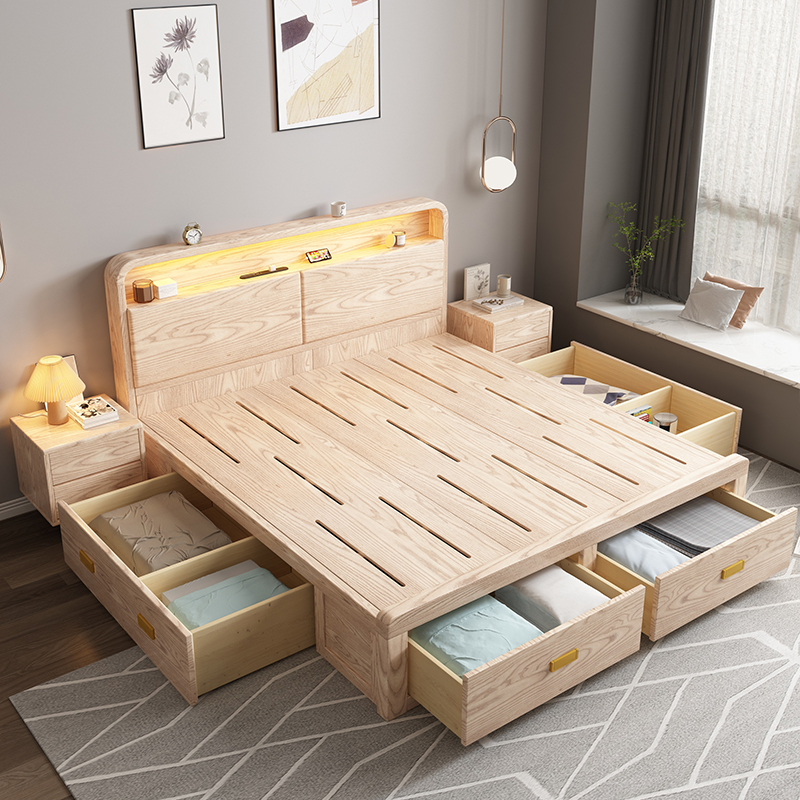 Wooden Double Bed with Drawers Modern Storage Design