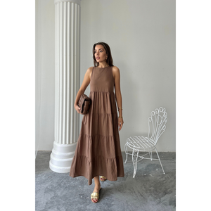 Sleeveless Long <b>Linen</b> <b>Dress</b> Brown <b>Maxi</b> Tiered Back Zip S Size - Product Image 2