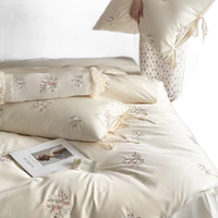 Parure de lit 4 pièces en coton satiné 100S à longues fibres, 300 fils, broderie florale, 100% coton, style français féminin, drap, housse de couette