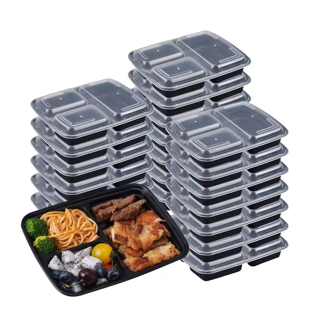 Packing Food Microwave Safe Disposable Plates 3 Compartment PP Food Container with Clear Lid Black Takeaway Food Packaging Box