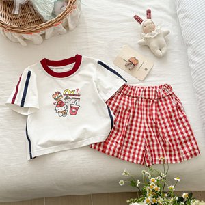 Girls Cartoon Short Sleeve Set Plaid Shorts Two Piece Breathable Summer Casual <b>Clothes</b> - Product Image 2