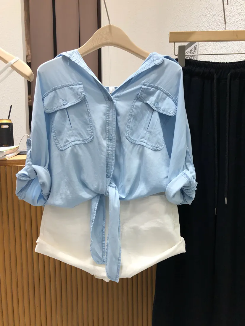 Boutique Wholesale Korea Dongmen 2023 Spring New Loose Denim Blue Buttoned Top Lace Up Versatile Women's Shirt