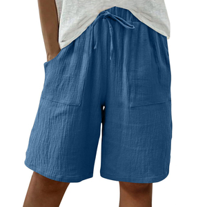 Taille haute cordon jambe large décontracté genou longueur Shorts été pour femmes 2025 confortable coton crêpe <span class=keywords><strong>Bermuda</strong></span> avec poches - Product Image 1