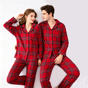 Conjunto de <span class=keywords><strong>Pijamas</strong></span> Navideños para <span class=keywords><strong>Pareja</strong></span>, 100% Algodón, Tela a Cuadros Roja Teñida con Hilo, Franela Cepillada, Ropa de Dormir para las Fiestas, Regalo - Product Image 1