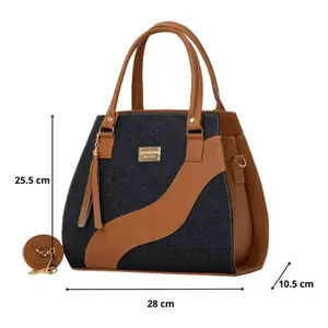 Sac fourre-tout en jean pour femme Fana Hera, bleu et marron, motif géométrique, fermeture à rabat, doublure en tissu doux, style à poignées, usage quotidien décontracté - Product Image 4