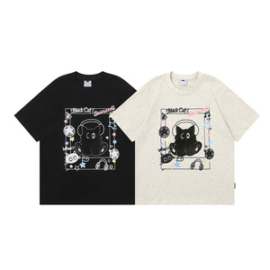 <span class=keywords><strong>T</strong></span>-shirt gris pour homme en pur coton 200g de haute qualité, personnalisé, motif dessin animé noir, style streetwear décontracté et ample, pour impression - Product Image 3