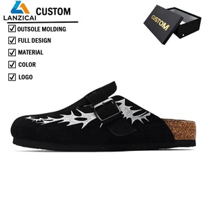 Zuecos Unisex Negros de Cuero Genuino <span class=keywords><strong>con</strong></span> Punta Cerrada y Suela de Corcho, Pantuflas <span class=keywords><strong>con</strong></span> Hebilla Ajustable, Zapatos Personalizados para Hombre - Product Image 1