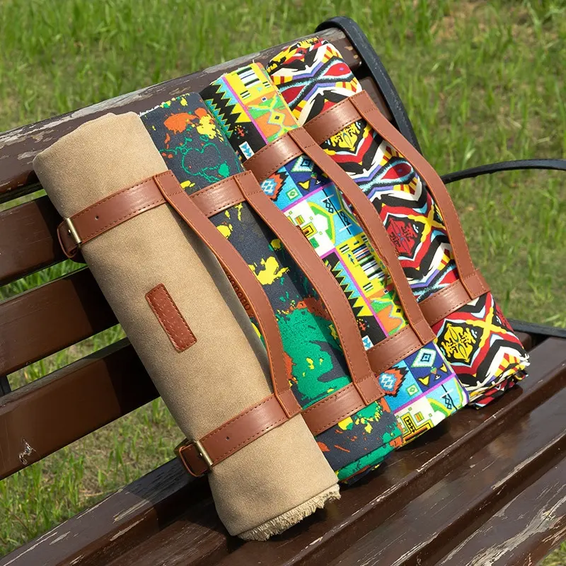 Canvas picnic blanket waterproof rug custom logo picnic 100% recycled cotton blanket