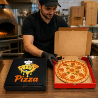 Boîte à pizza personnalisée en carton kraft avec logo, motif dessin animé, chapeau de chef, fente pour pouce, MOQ 500 pièces