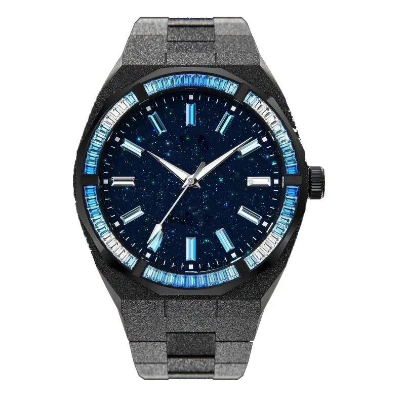 Custom logo Limited 5ATM Waterproof Black Hand-Set Crystal Bezel Frosted Star Dust Men Quartz watch