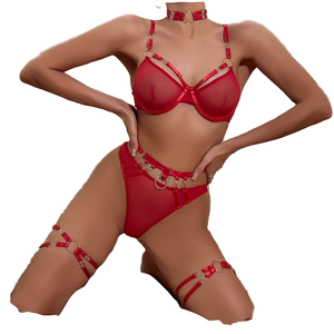 Custom 2025 New Spandex/Polyester Heavy Splicing Mesh <b>See</b>-<b>Through</b> Women Sexy Push-Up Breathable Low-Rise Lingerie 5-Piece Set - Product Image 1