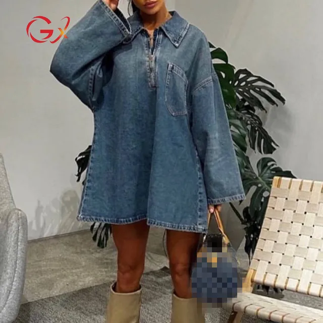 GX7282 Mode 2024 printemps boutique vêtements femmes jeans robes manches longues poche design lâche robe denim