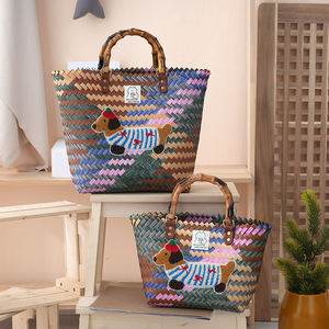 Sac fourre-tout rétro en toile rayée pour femme avec deux poignées en bambou, motif teckel - Product Image 2