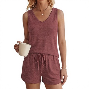Women O-Neck Sleeveless Knitted Cotton Spandex Two Piece Knee Shorts Set Casual Regular Fit Solid Color Breathable Floral Print - Product Image 2