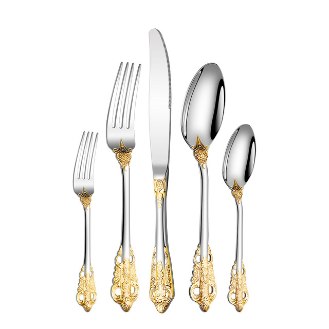 Luxury Royal Wedding High Quality 5Pcs Spoon Knife Fork Thick Silverware Stainless Steel Cutlery Vintage Gold Flatware Set