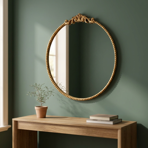 Traditional Round Brass Wall <b>Mirror</b> with Ornate <b>Frame</b> Decorative Home Accent - Product Image 4