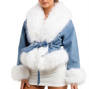 New Casual Autumn Women's Denim Jacket Heavyweight Faux Fur Sleeves Customizable Ripped Button Style - Product Image 1