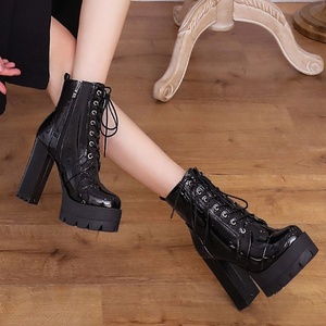 Bottines à plateforme en cuir verni miroir à bout rond pour femmes, grande taille 43, fermeture éclair latérale, talon épais, bottines courtes pour femmes - Product Image 6