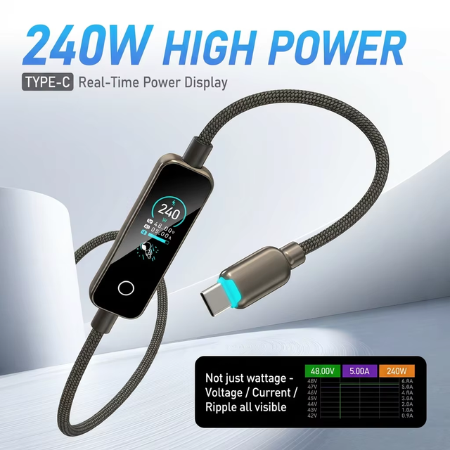 BWVV 240W USB-C to USB-C Nylon Braided Fast Charging Cable with E-marker and LED Display 1m 1.5m 2m