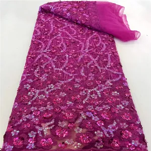 The latest fashion style Good quality purple color embroidery stones net lace 5 yards African fashion show