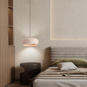 Luminaire suspendu minimaliste Wabi Sabi en travertin jaune, luminaire LED à spectre complet pour chambre à coucher, salle à manger, couloir - Product Image 4