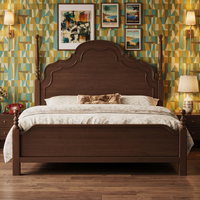 Lit de Mariage Vintage en Bois Massif de Style Médiéval Français, Tailles 1.8m x 2m et 2m x 2.2m, Lit Simple de Chambre Principale de Style Américain avec Système de Levage à Gaz