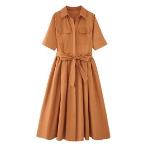ZA Women 2026 Spring New Solid Natural 100% Cotton Maxi <b>Dress</b> Vintage Short Sleeve Front Logo A-Line Silhouette - Product Image 1